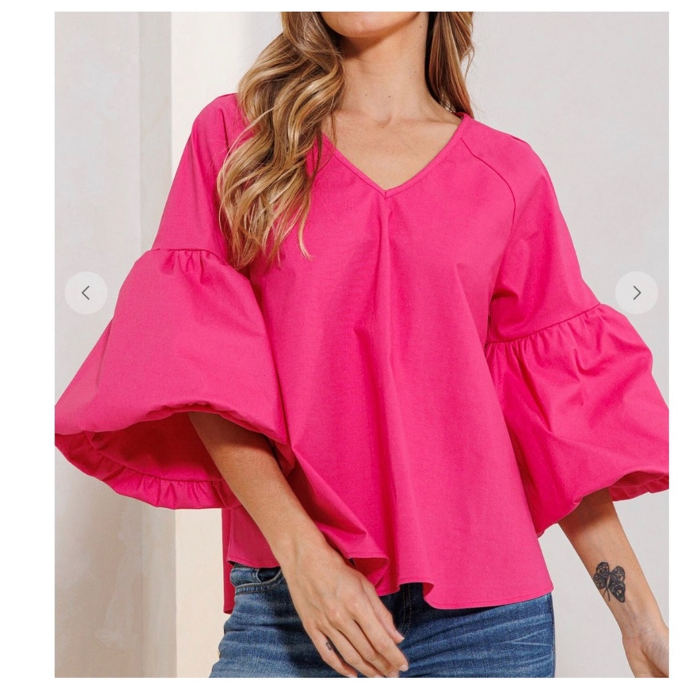 Fuchsia Pink V-Neck Ruffled Bell Sleeve Top